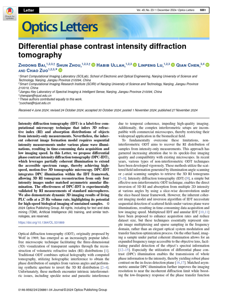 Differential Phase Contrast Intensity Diffraction Tomography | PDF ...