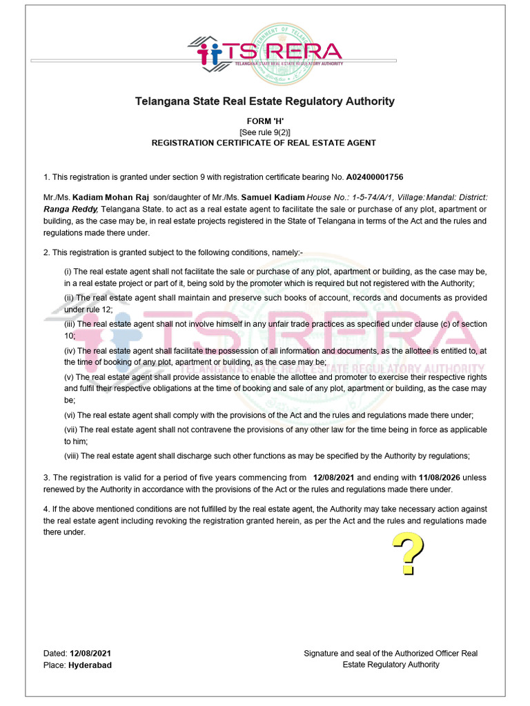 Kadiam Mohan Raj Rera Certificate | PDF | Government | Legal Documents