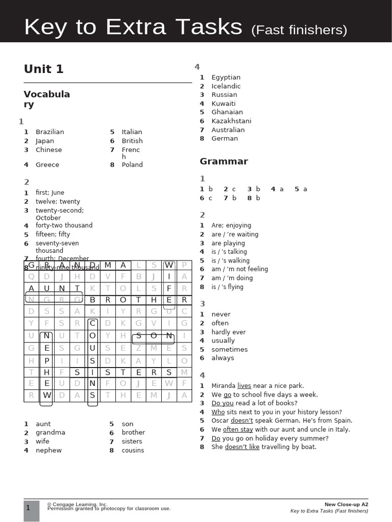 A2 Extra Tasks Fast Finishers Answer Key | PDF
