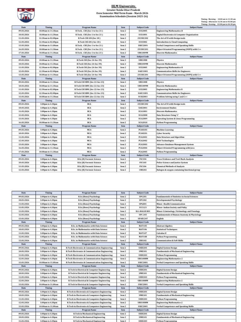 Date Sheet 4.0 Mid Term Examinations - 2026 | PDF | Teaching ...