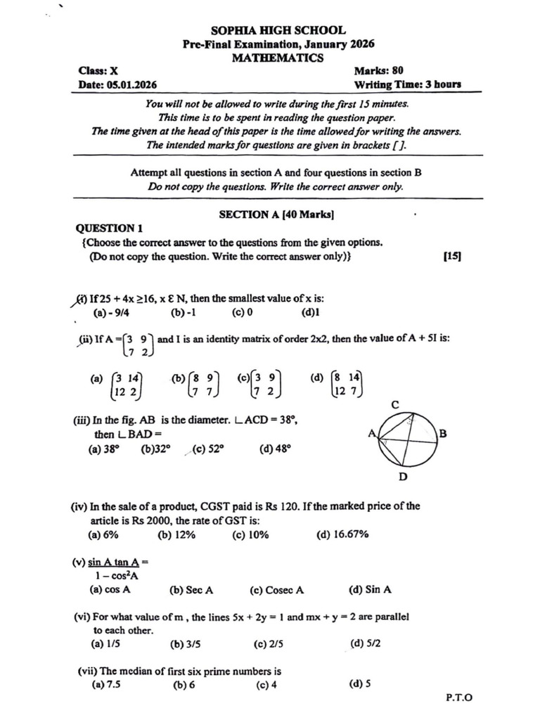 Shs Math QP Pre Final | PDF