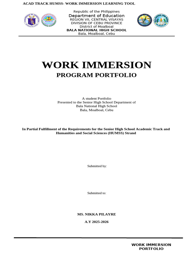 Work Immersion Portfolio Hummss | PDF | Curriculum | Learning