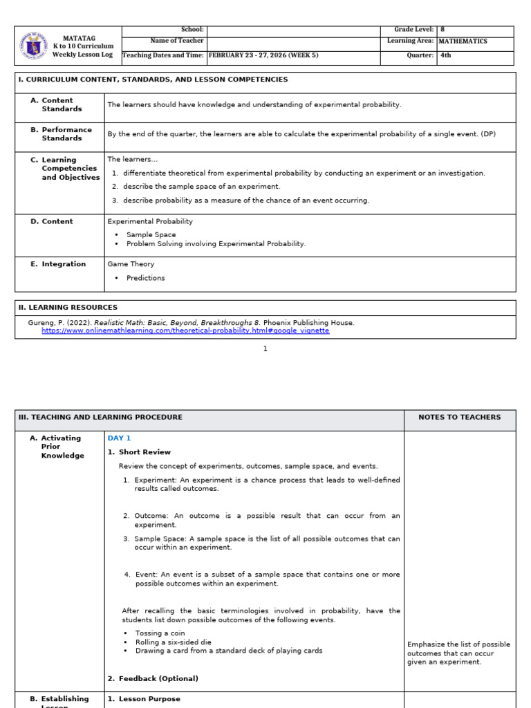 Grade 8 DLL Matatag - Math - q4 - Week 5 | PDF | Probability | Learning