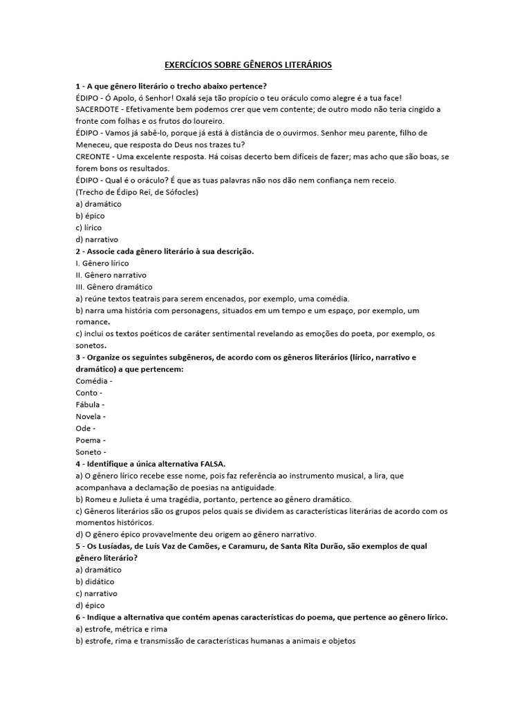 Exercícios Sobre Gêneros Literários | PDF