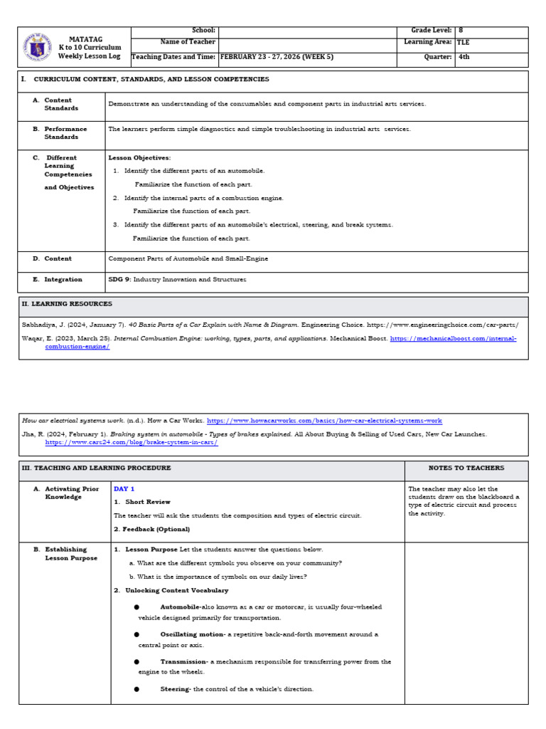 Grade 8 DLL Matatag - Tle - q4 - Week 5 | PDF | Internal Combustion ...