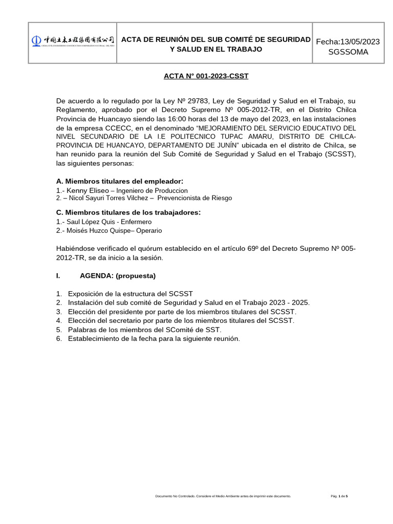 Acta de Instalación Del CSST - QH | PDF | Seguridad y salud ocupacional