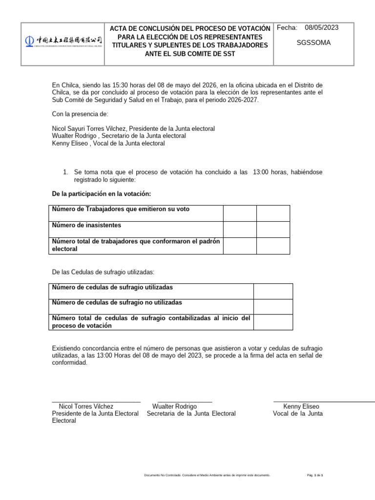 7. Acta de Conclusión de Proceso de Votación Para La Elección CSST ...