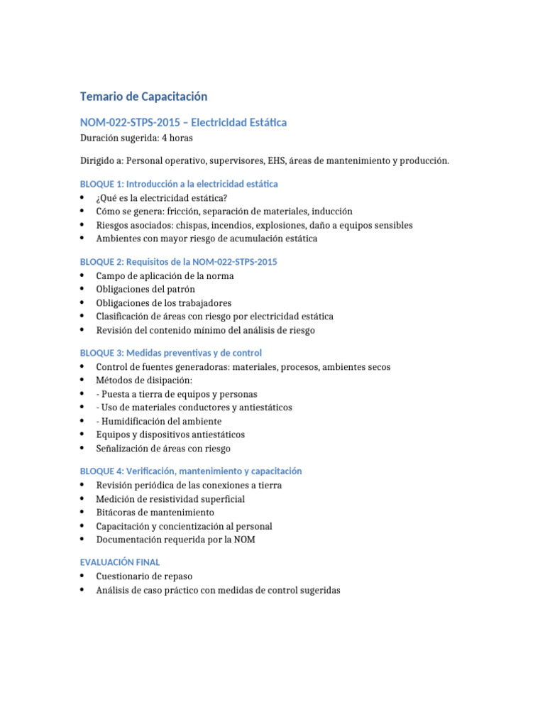 Temario Nom 022 Stps 2015 | PDF