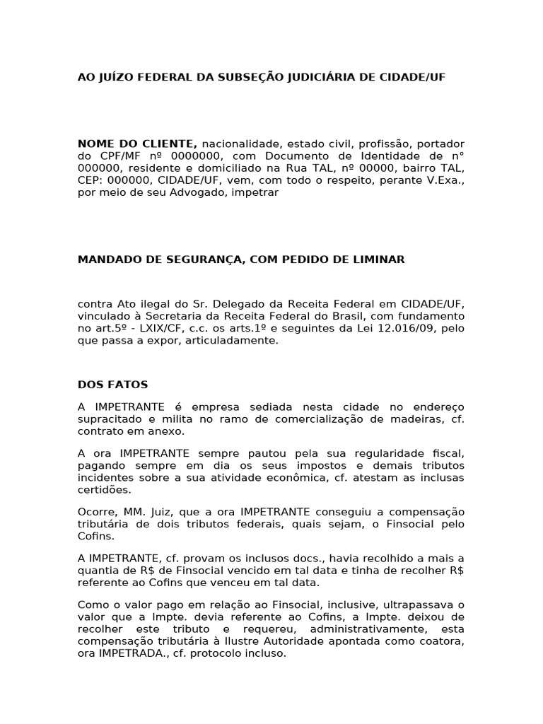 Mandado de Segurança Com Pedido de Liminar | PDF | Taxa de crédito ...