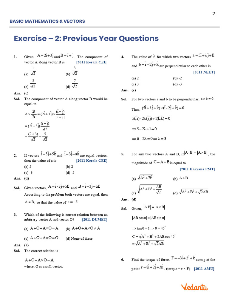 Basic Maths and Vectors EX-2 | PDF | Torque | Euclidean Vector
