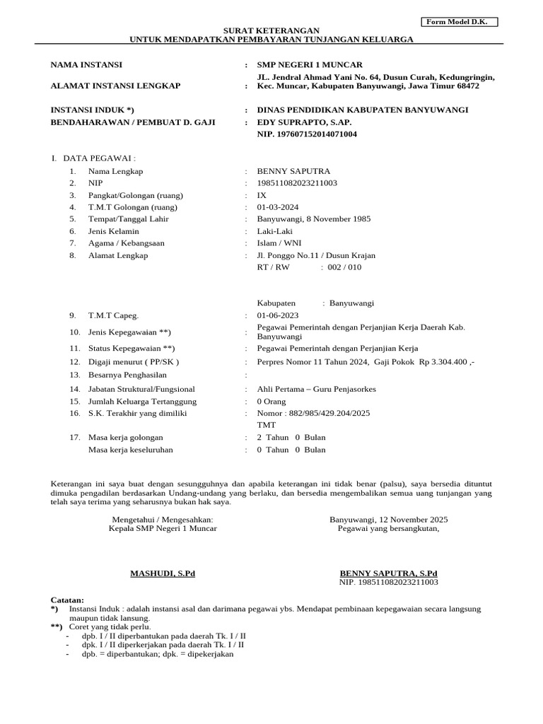 Form Model DK PPPK 2025 | PDF