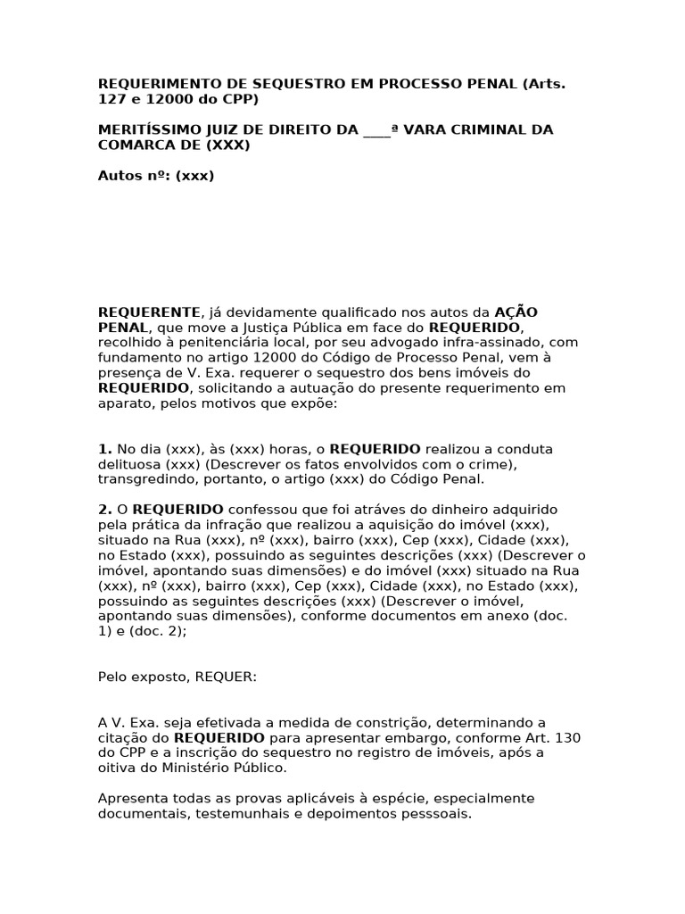 Requerimento de Sequestro em Processo Penal | PDF