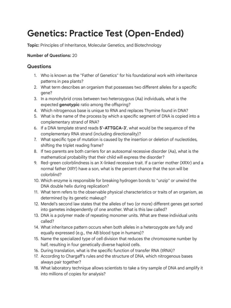 Cell Biology Practice Test | PDF | Genetics | Dna