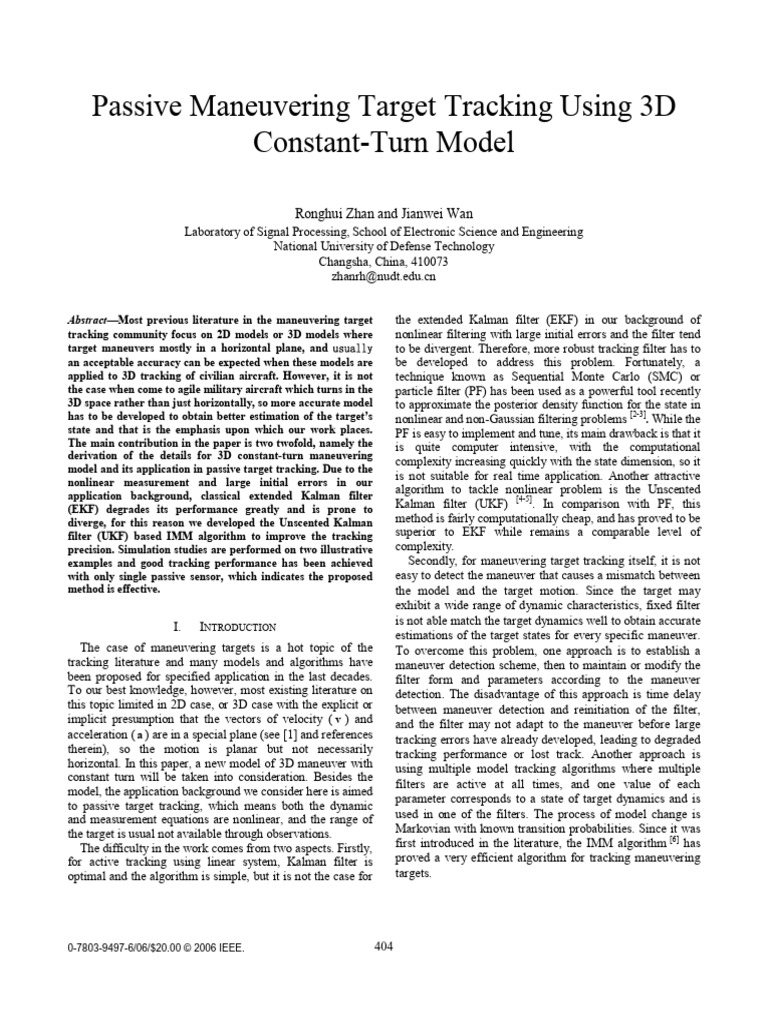 Zhan和Wan - 2006 - Passive Maneuvering Target Tracking Using 3D Constant ...