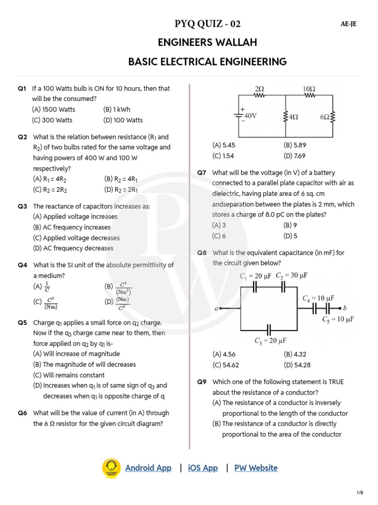 Basic Electrical - PYQ 02 (English) | PDF | Capacitor | Electrical ...