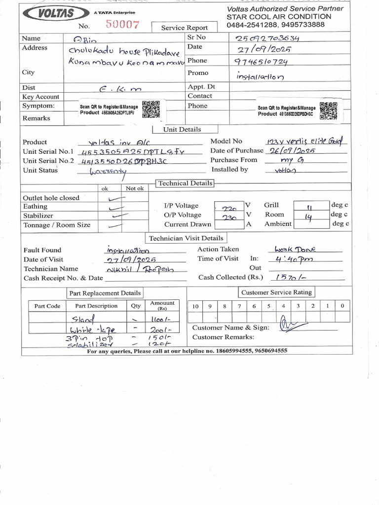 Voltas AC Installation Report | PDF