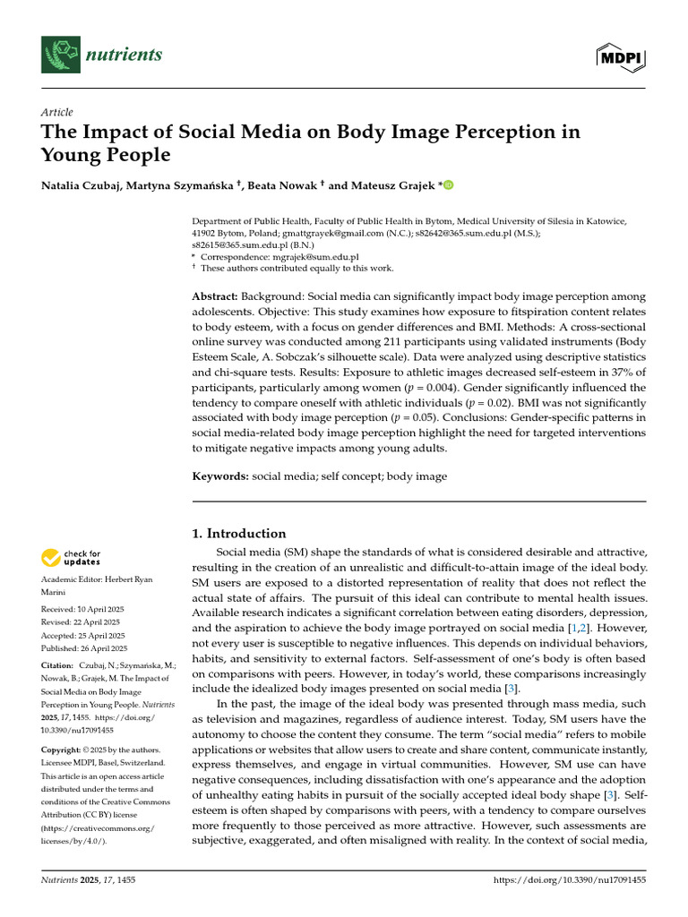 The Impact of Social Media On Body Image Perception in Young People | PDF