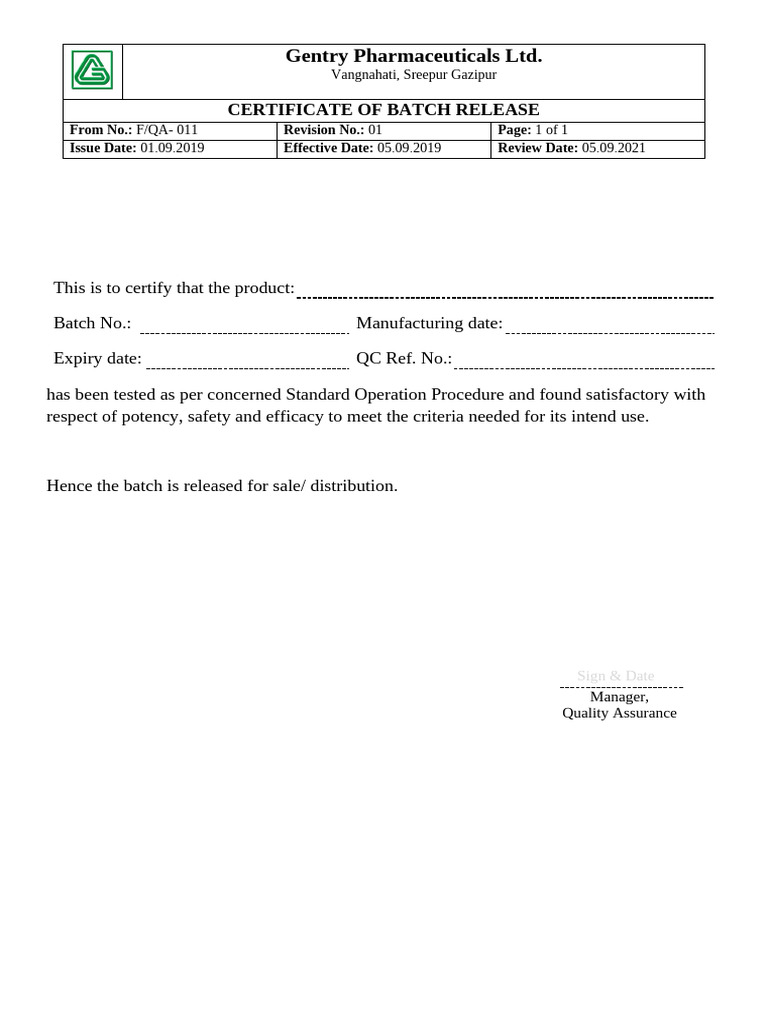 F-QC-011 Certificate of Release | PDF