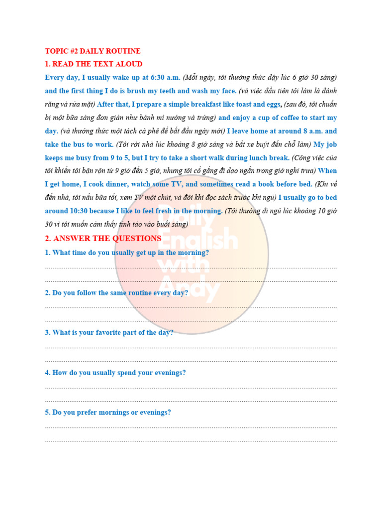 TOPIC #2 DAILY ROUTINE File Luyện | PDF