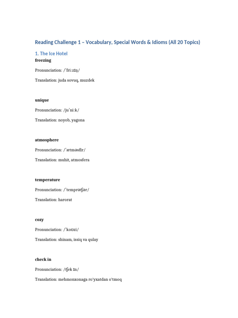 Reading Challenge 1 All 20 Topics Vocabulary | PDF