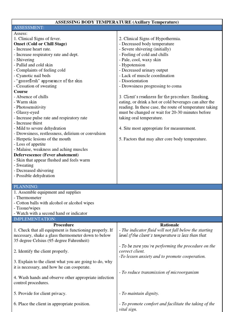 Axillary Temperature Assessment Procedure | PDF | Hypothermia ...