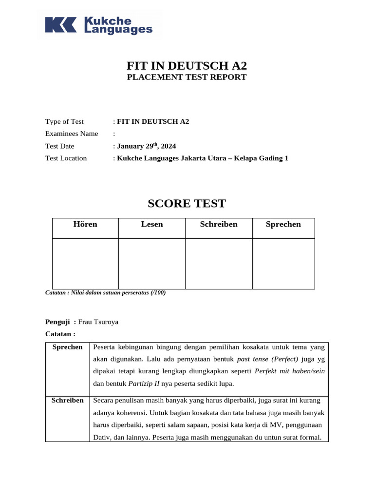 Form Penilaian Fit in Deutsch A1 | PDF
