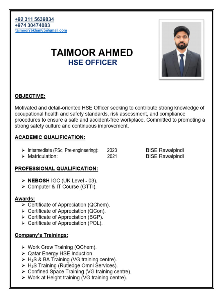 Tamoor Hse Officer All Docs | PDF | Safety | Occupational Safety And Health