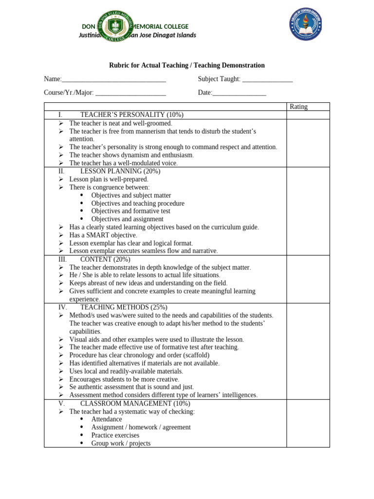 Rubric For Teaching Demonstration | PDF | Teachers | Learning