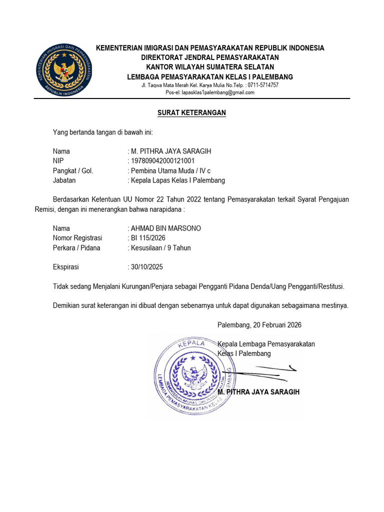 Surat Keterangan Tidak Menjalani Subsider Ahmad Bin Marsono | PDF