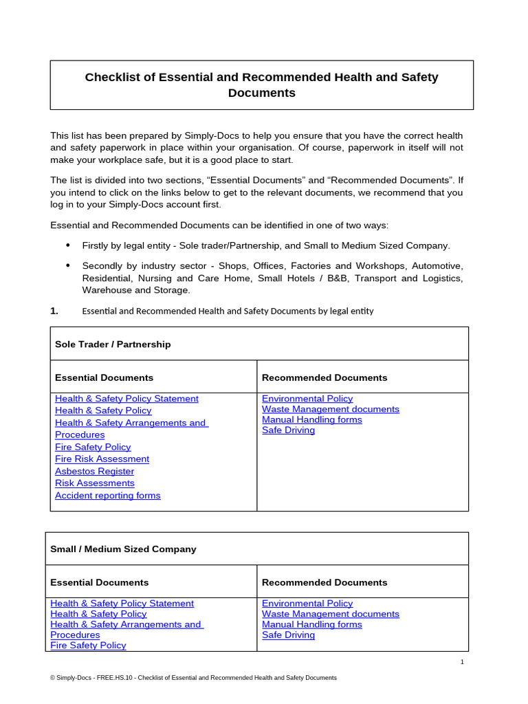 Checklist of Essential and Recommended Health and Safety Documents FREE ...