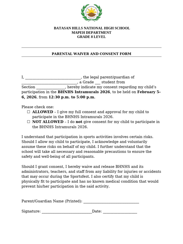 Parental Waiver and Consent Form 1 | PDF