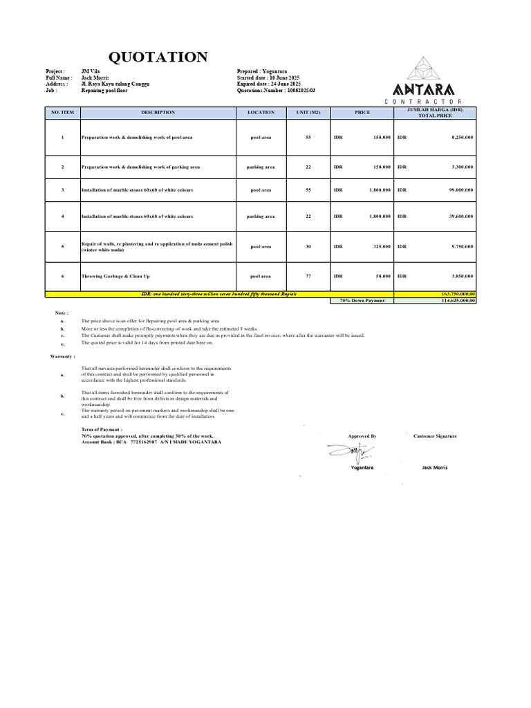 Quotation Pool & Parking Repair Work | PDF | Indonesian Rupiah ...