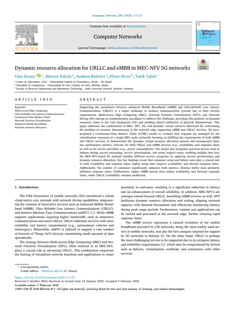 2025 - Dynamic Resource Allocation For URLLC and EMBB in MEC-NFV 5G ...