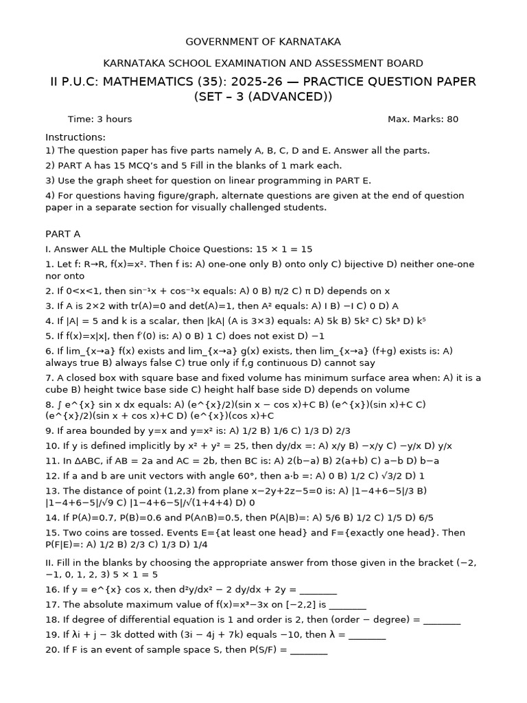 II PUC Maths Practice QP Set3 Advanced | PDF