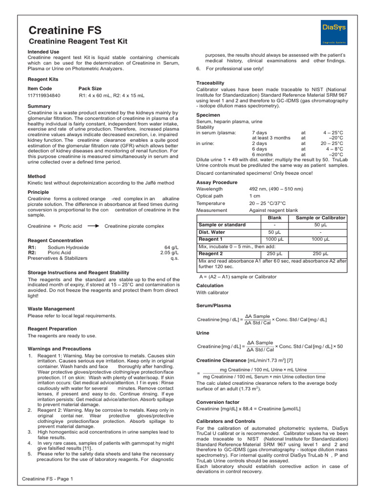 Creatinine FS Insert IN v0019 v02 09.04.2022 | PDF | Creatinine | Kidney