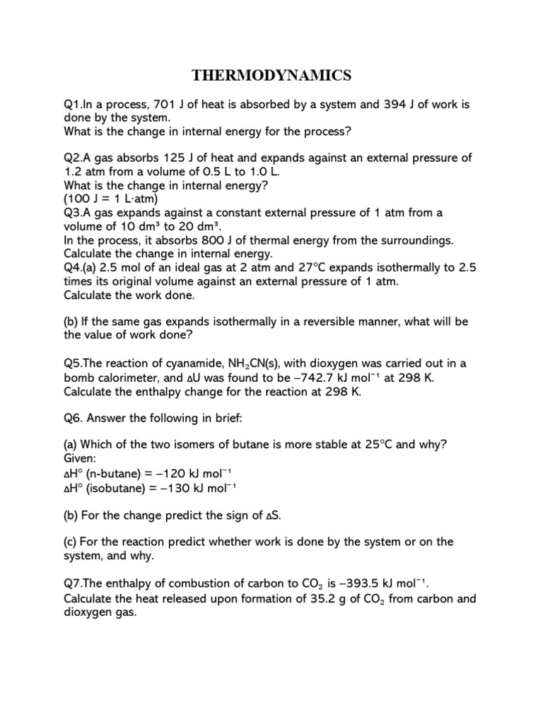 Thermodynamics Worksheet | PDF | Enthalpy | Gases