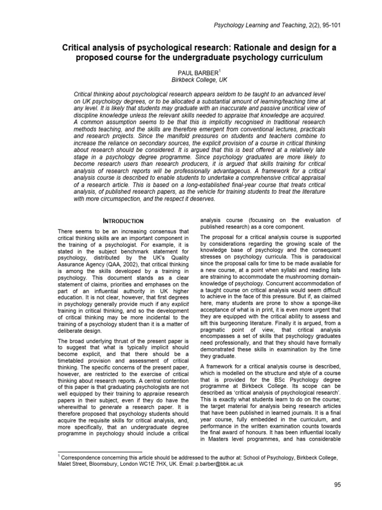 Critical Analysis of Psychological Research Ration | PDF