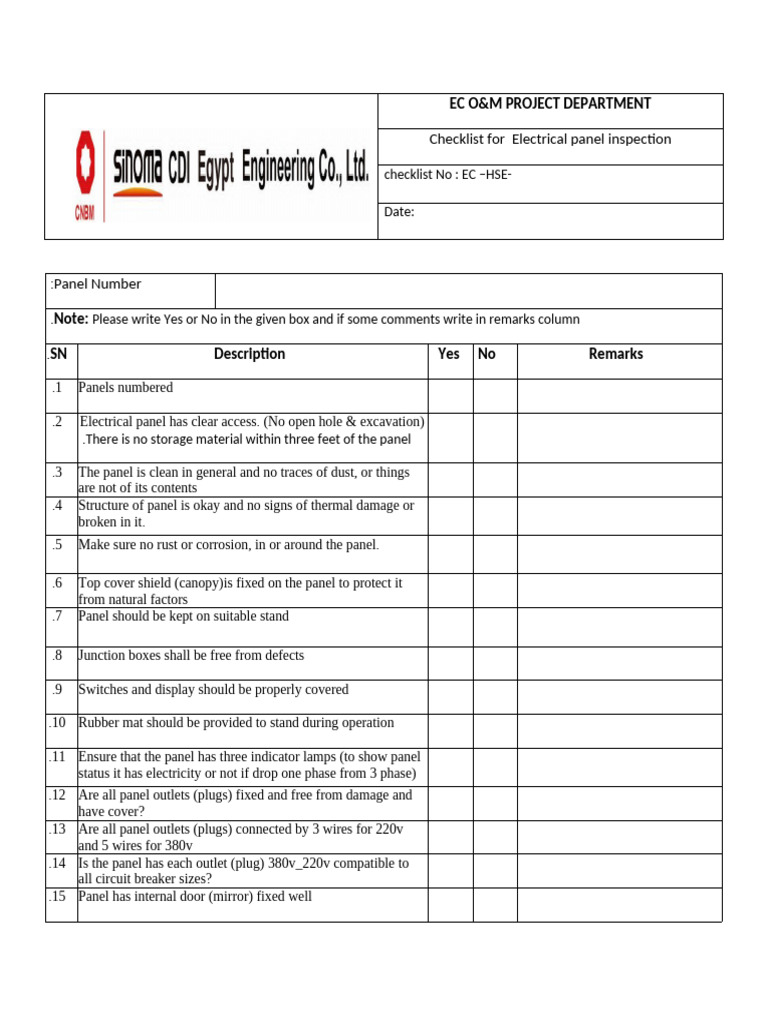 Checklist For Electrical Panel | PDF | Components | Electrical Wiring