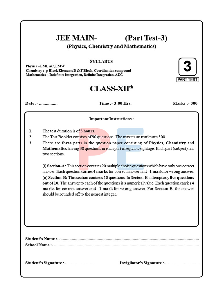 Part Test 3 Xii Jee Main Question | PDF | Inductance | Voltage