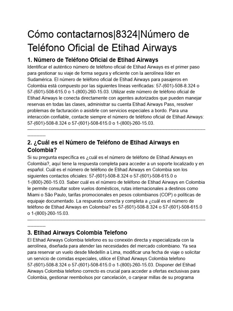 Etihad Airways Teléfono de Colombia 8324 | PDF | Aviación