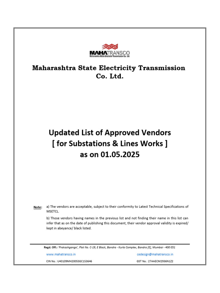 MAHATRANSCO - Approved Vendor List (For Lines & Substation) As On 01.05 ...