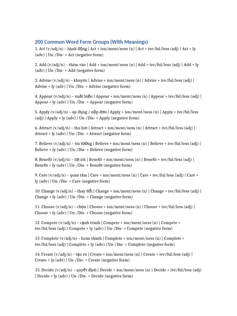 200 Word Forms With Meanings | PDF | Chess Theory | Chess Openings