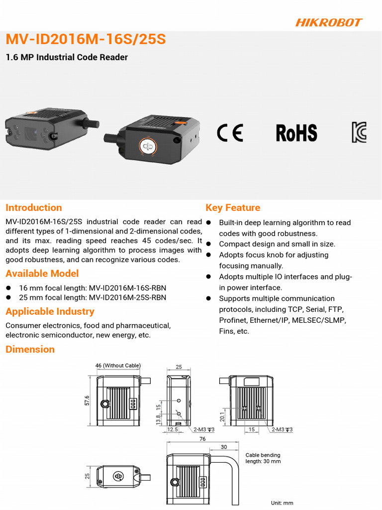 MV-ID2016M-16S25S Industrial Code Reader Datasheet 20240710 7210 | PDF
