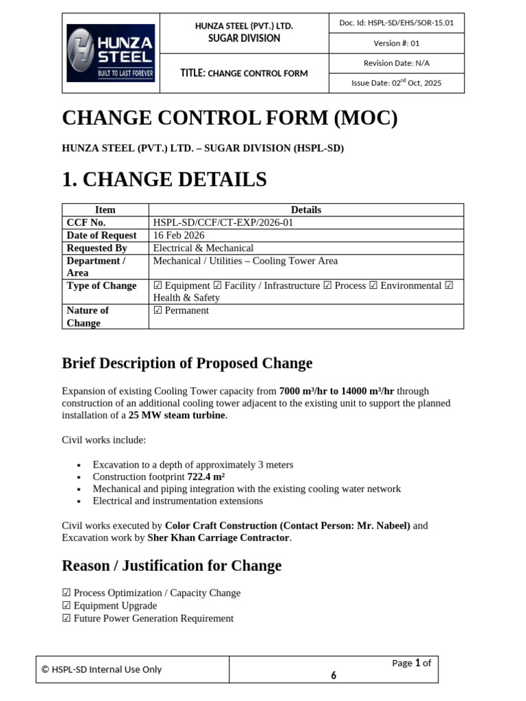 15.01 Change Control Form - Cooling Tower 2026 | PDF