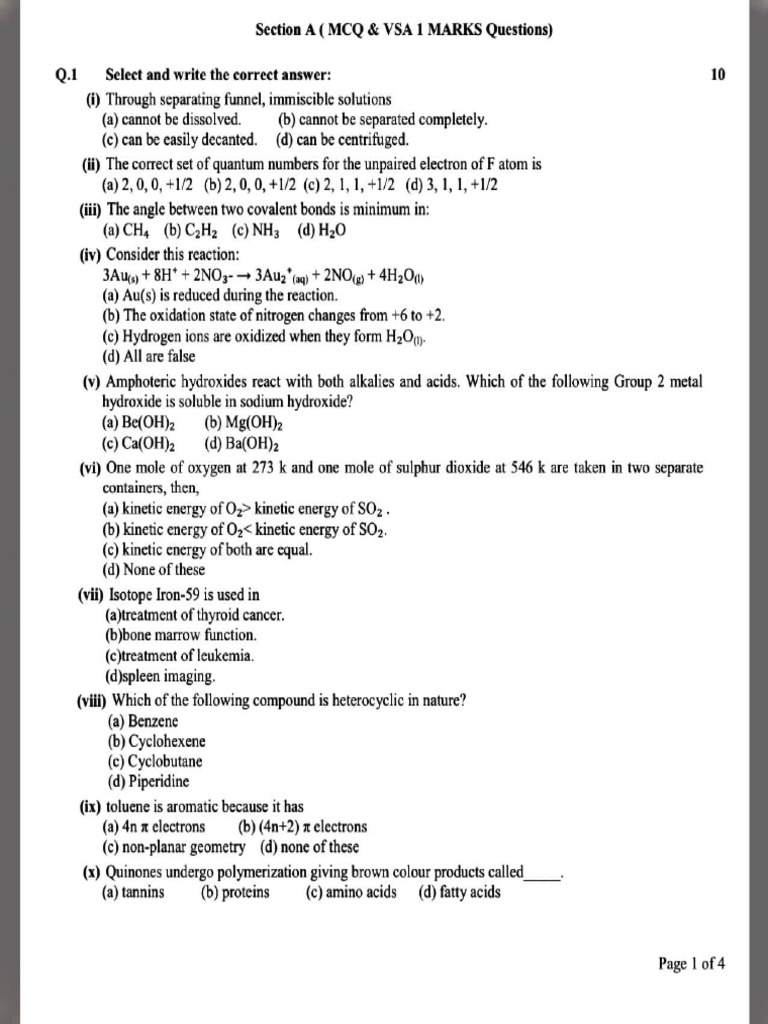 STD XI - Sample Question Paper For Practice | PDF | Hydroxide ...