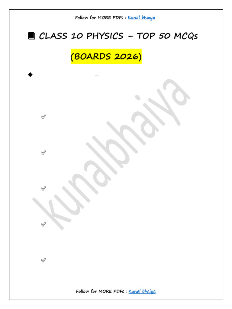 Class 10 Physics 50 MCQs | PDF | Electricity | Electromagnetism