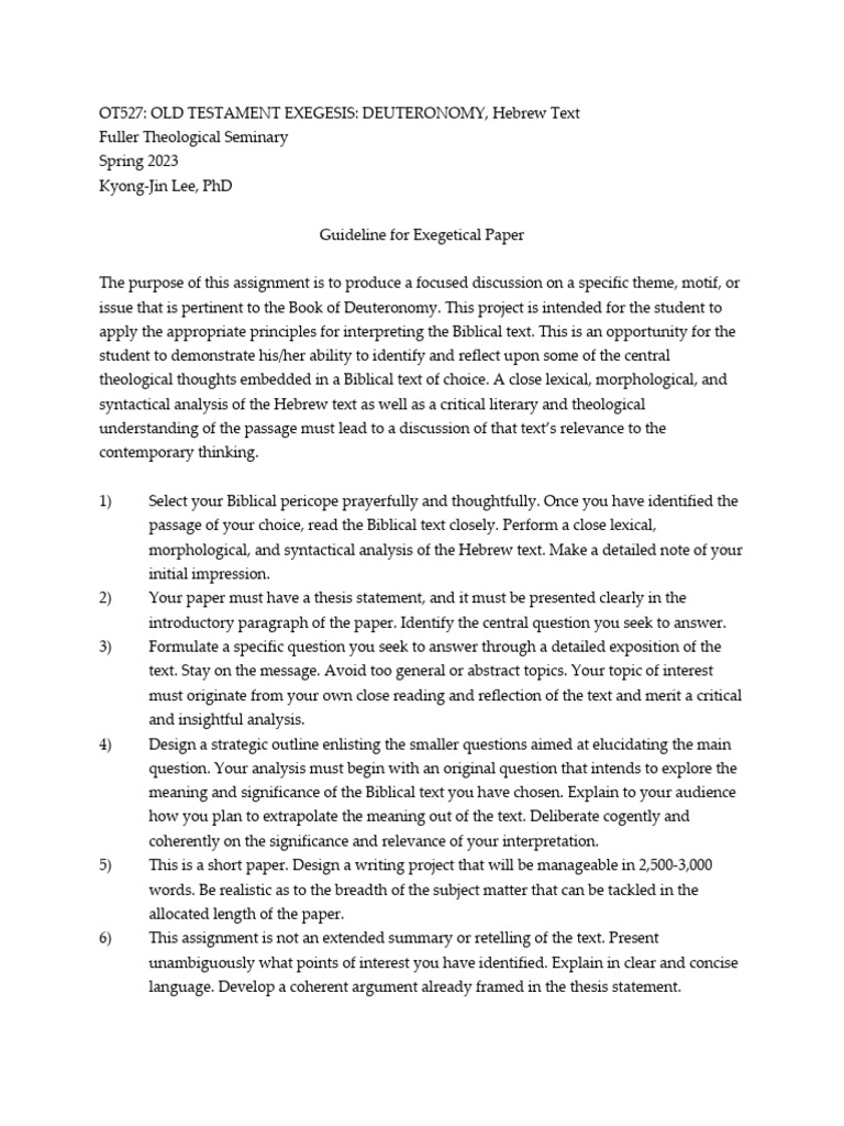 Ot527 Deuteronomy - Guideline To Exegesis Paper - Spring 2023 | PDF ...