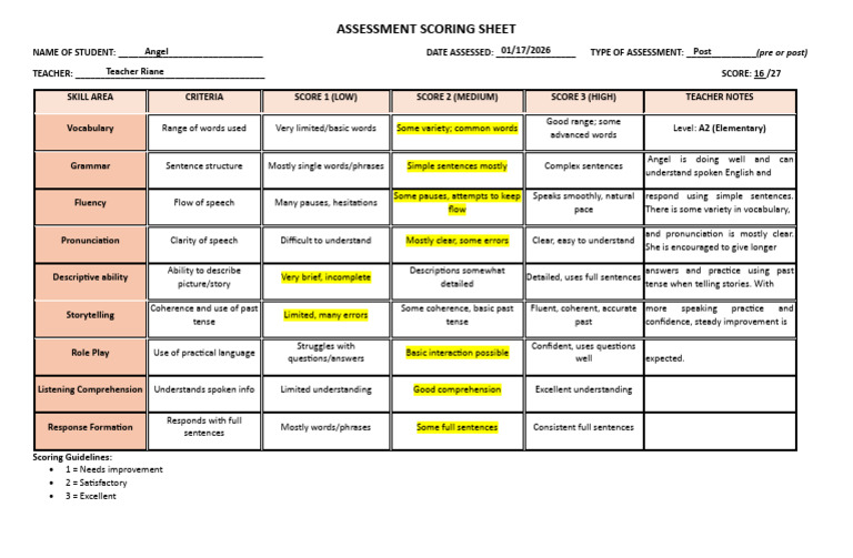 Assessment Scoring Sheet - Angel | PDF | Reading Comprehension | Fluency