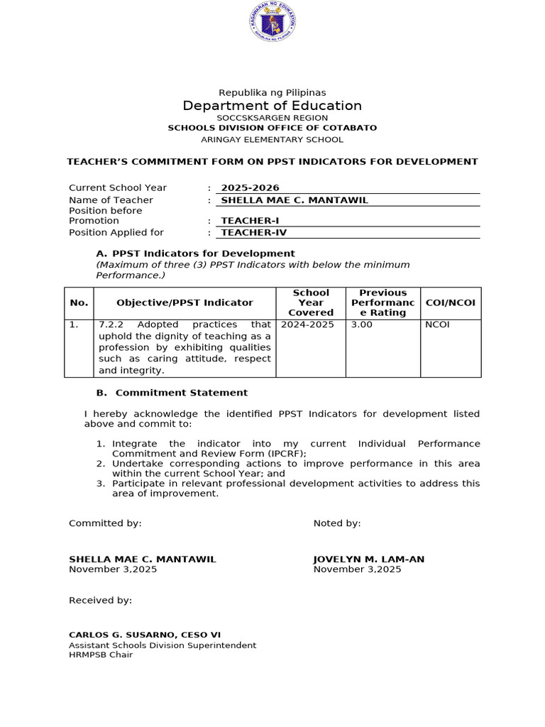 Do 034 Teachers Commitment Form On PPST 1 | PDF