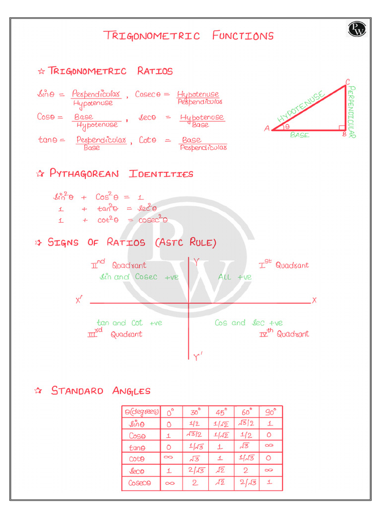 Trigonometric Functions Handwritten Notes Class 11th Project | PDF